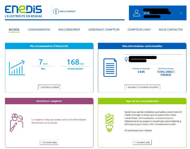 page d'accueil de votre espace personnel Enedis